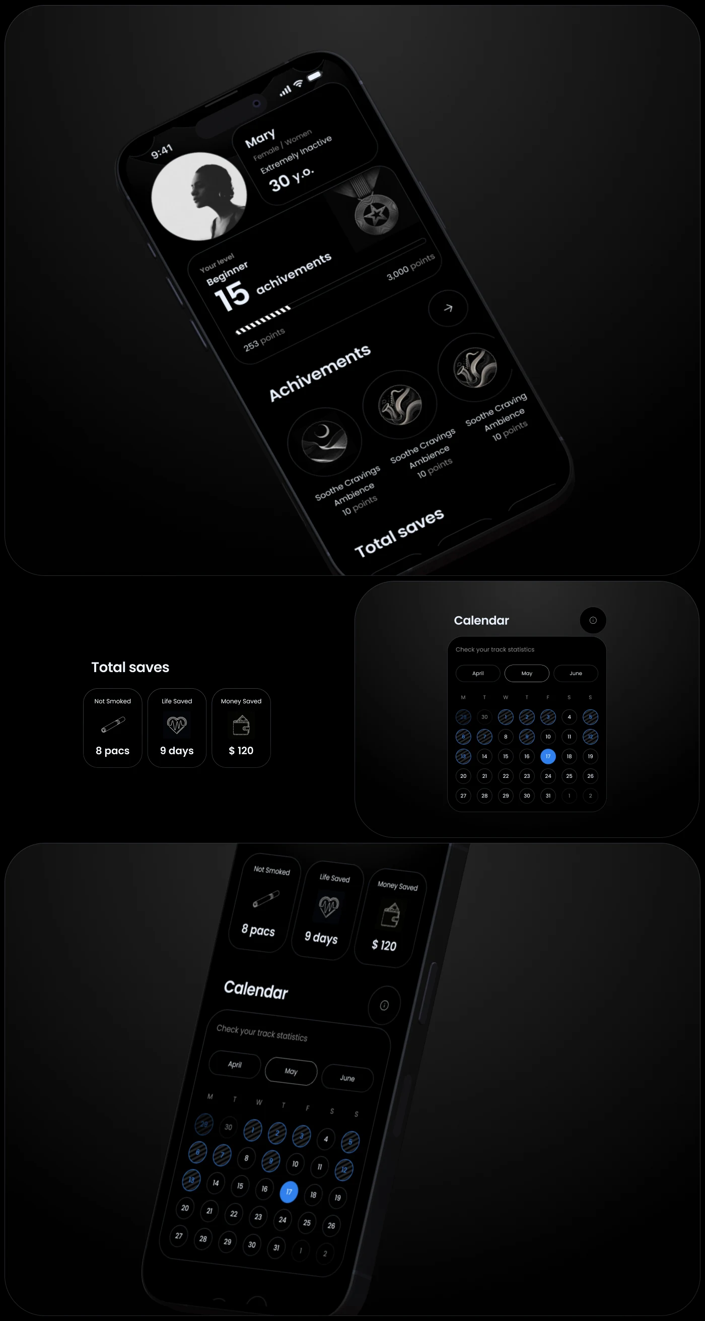 The profile with level and achievements, the total savings tiles, and the calendar view.