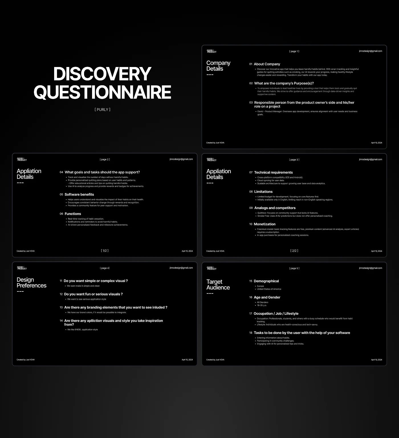 The discovery questionnaire laid out across six slides covering company, application, technical, design and audience.