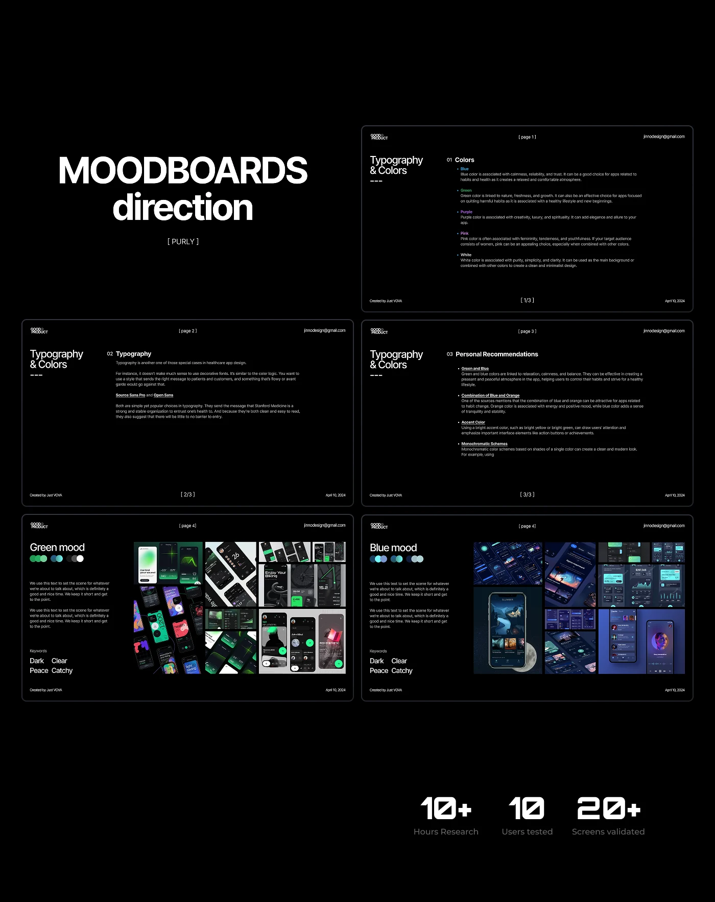 Mood board slides on typography and colour, with the green and the blue direction side by side.