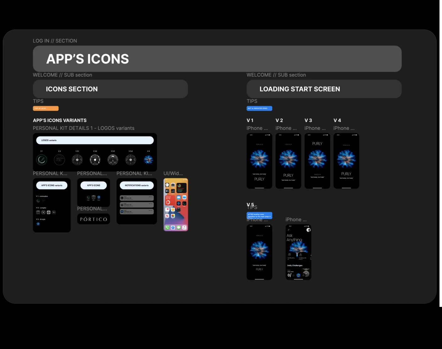 The icon kit with its variants and the four loading-screen options.