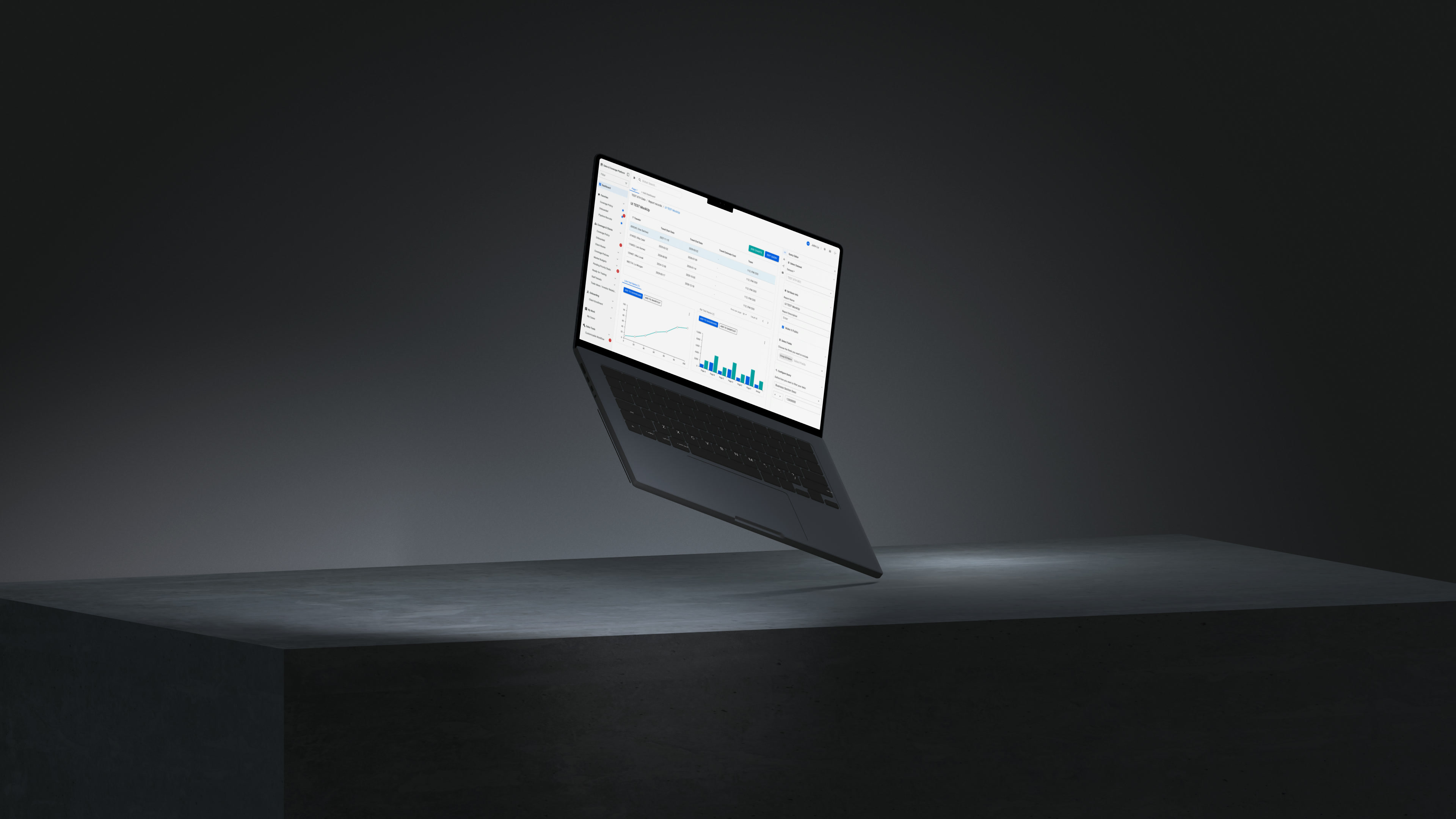 Floating laptop showing a light data table with line and bar charts