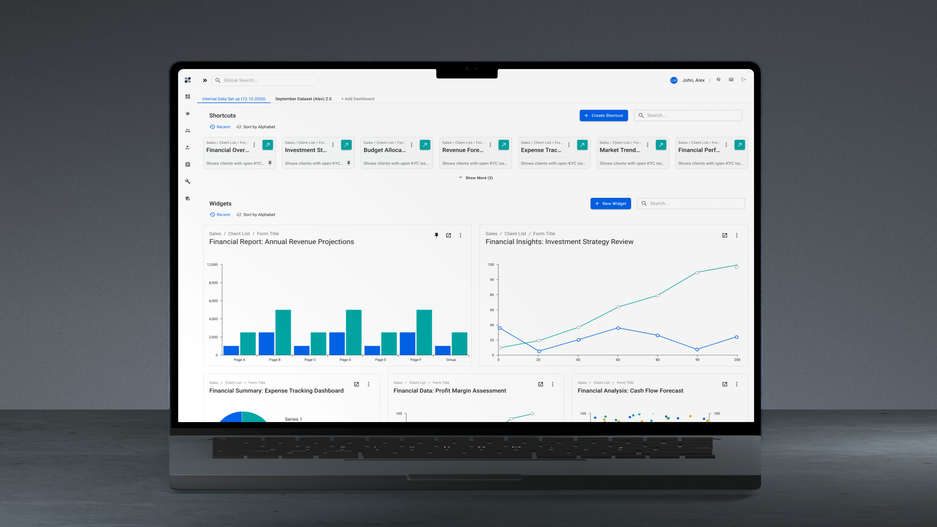 Dashboard of live chart widgets reading the same data as their reports