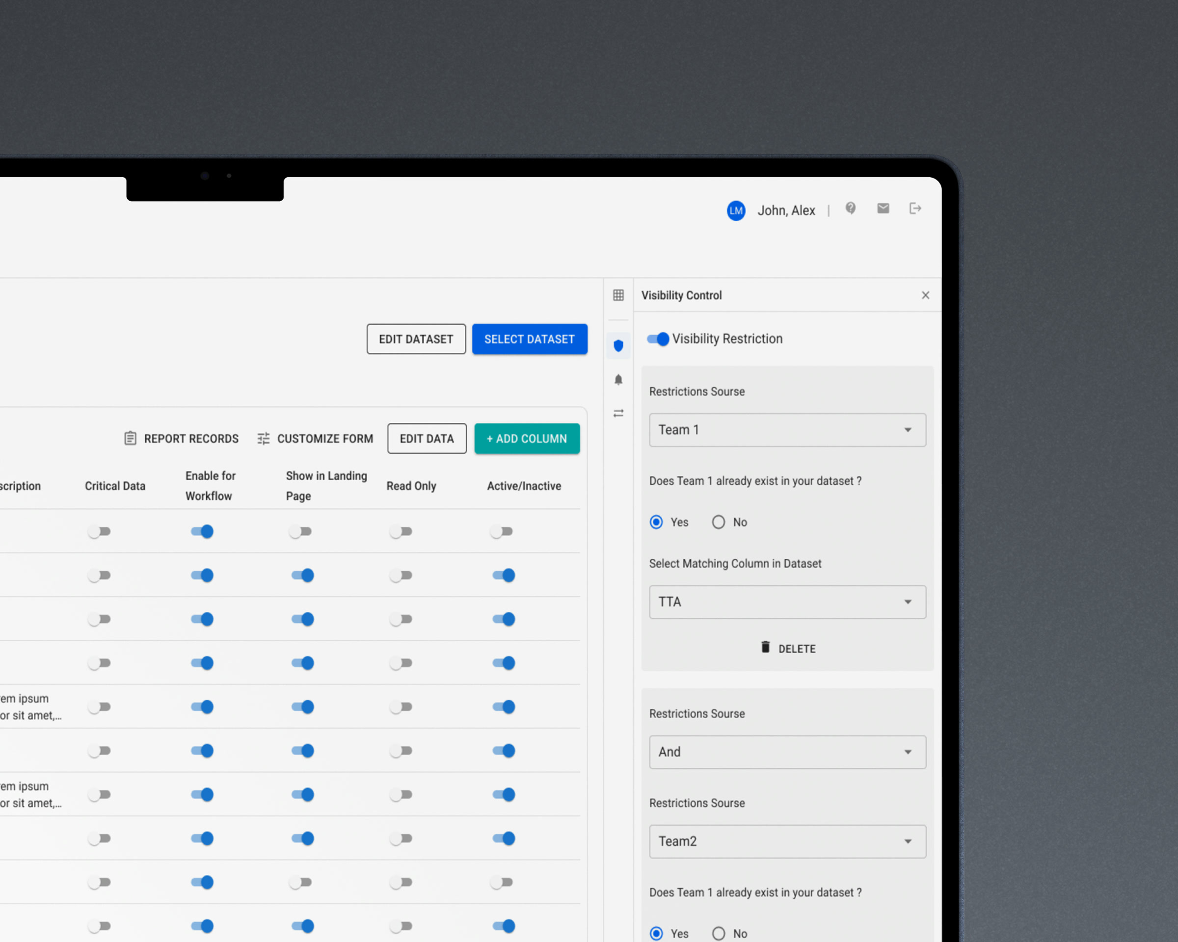 Data Management tab: the same records defined rather than read