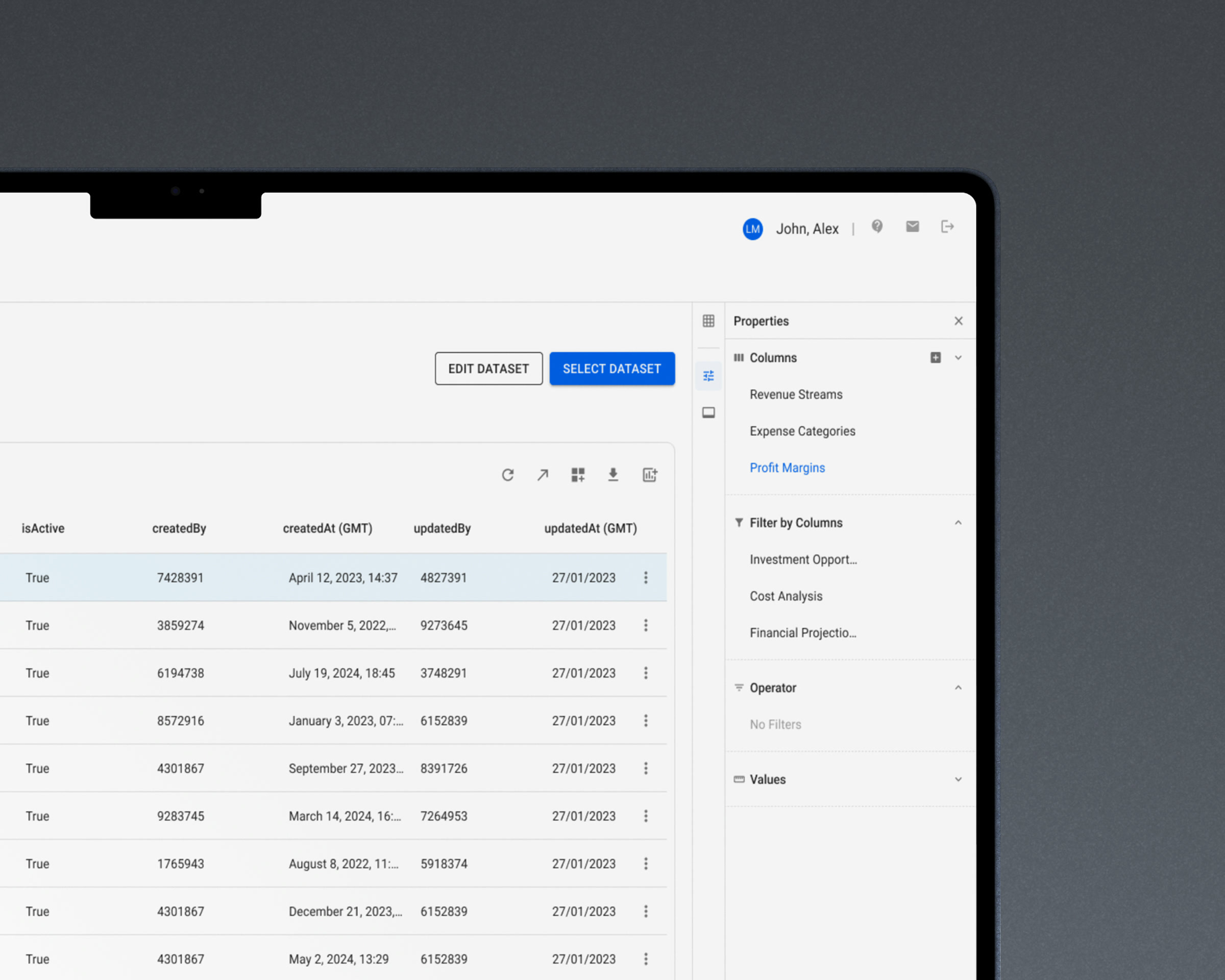 Data tab: records as a person reads them, with their own columns and filters
