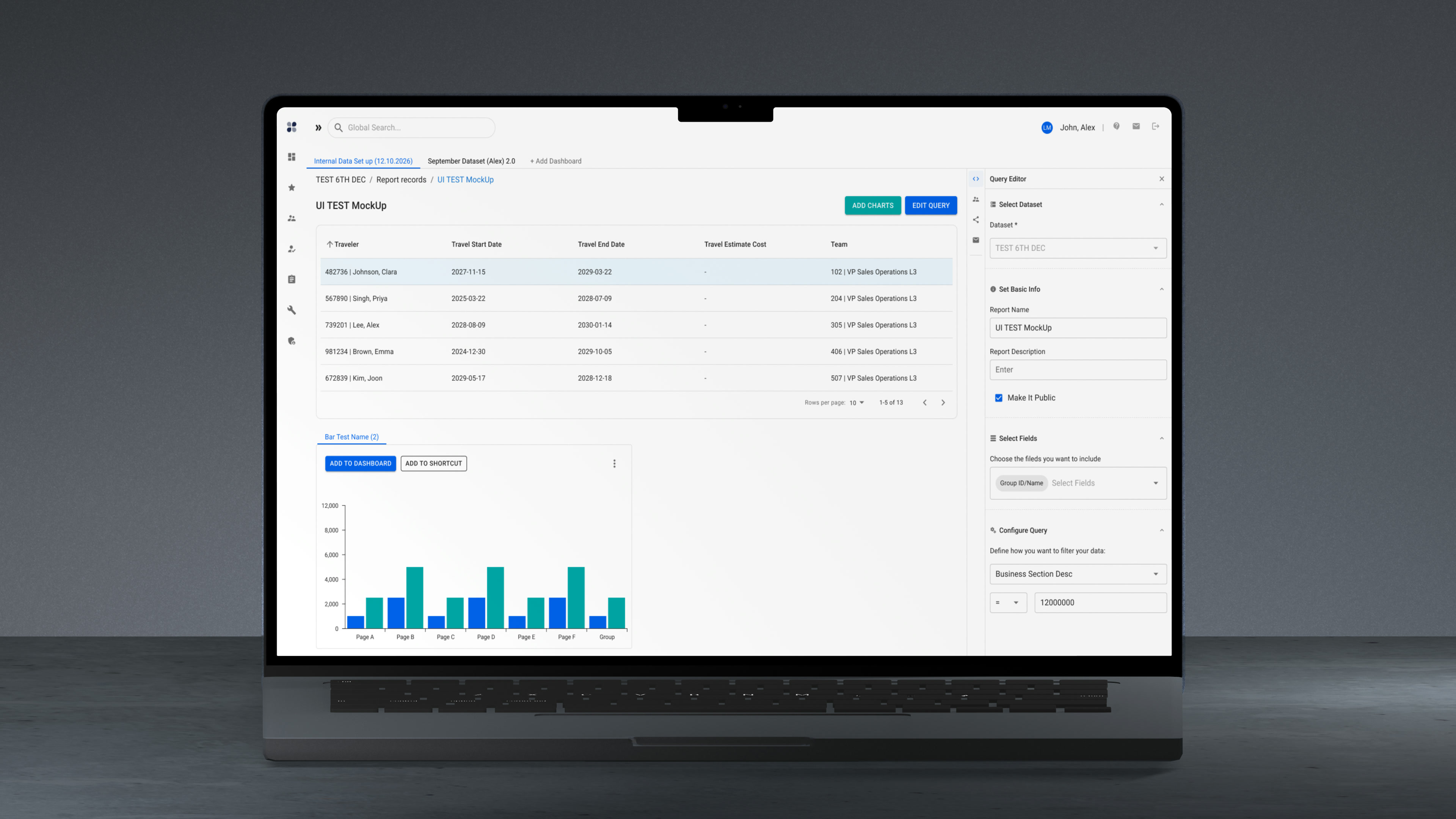 Report rows and a query editor side by side in one screen.