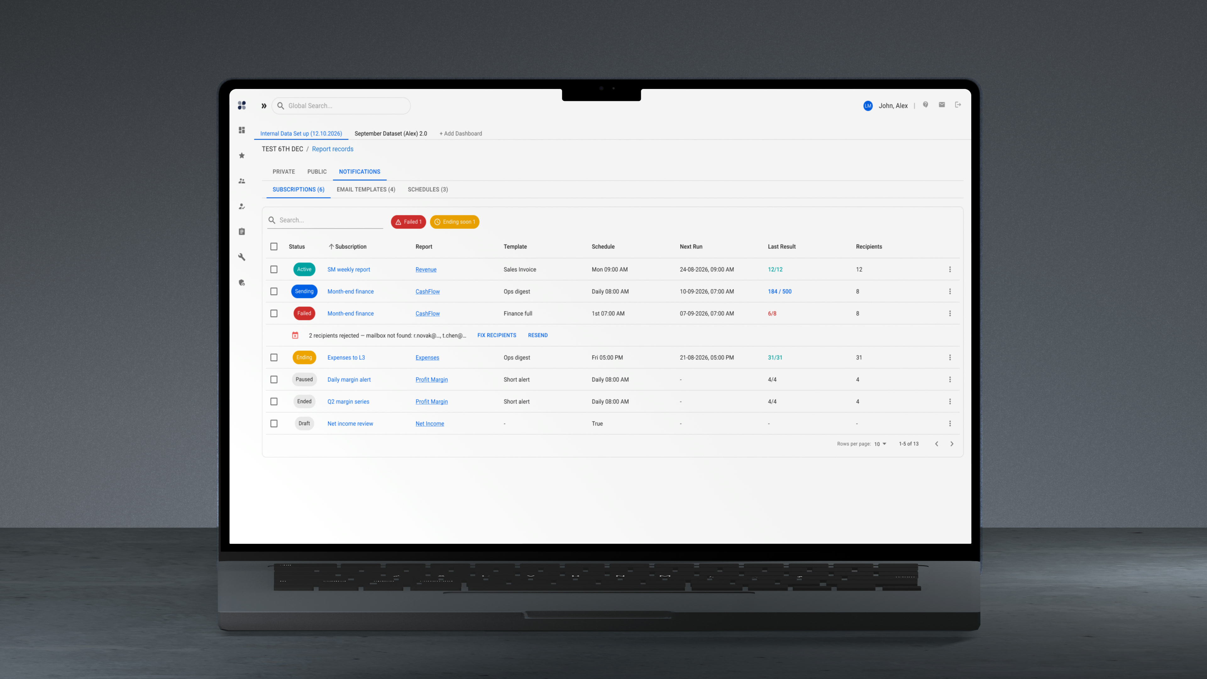 Subscription list: status, schedule, next run and last delivery per row