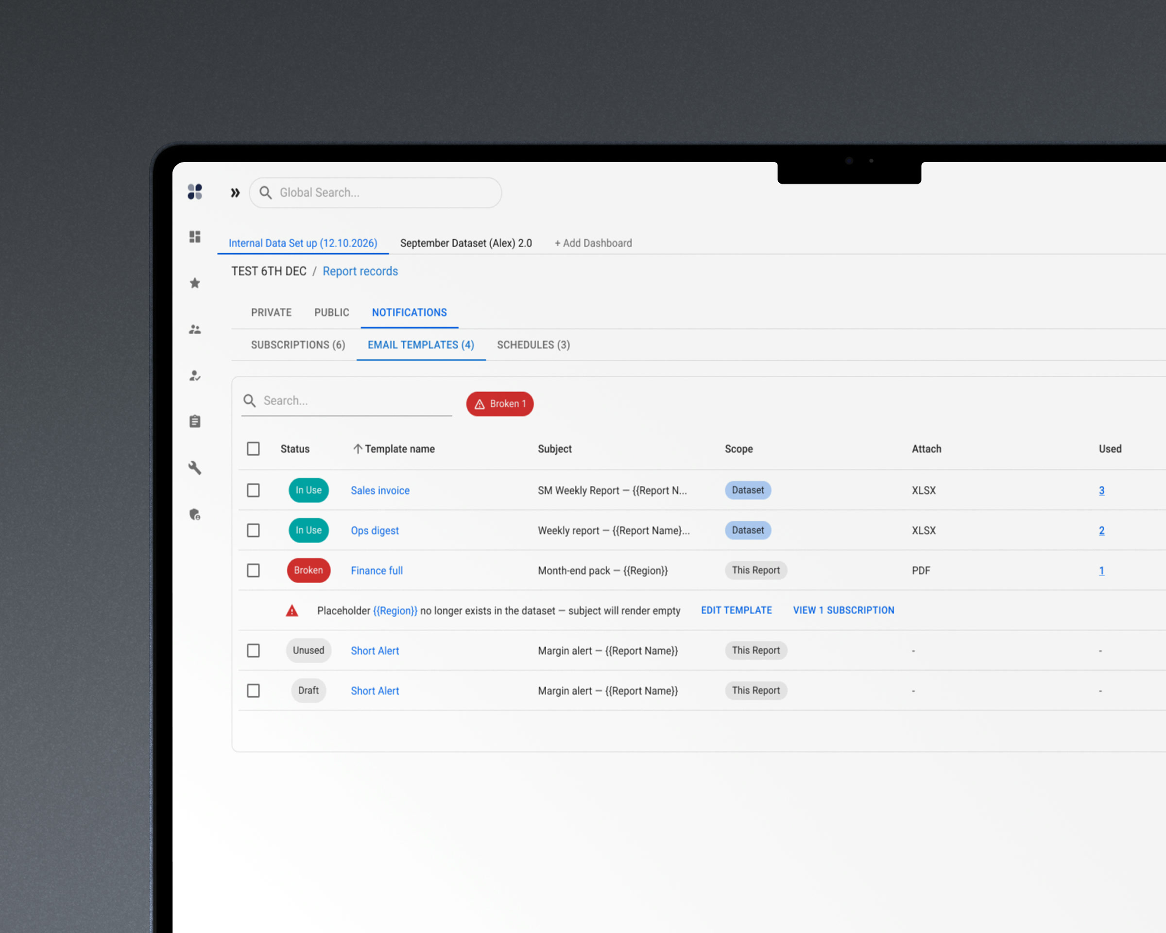 A delivery template flagged because a placeholder no longer exists
