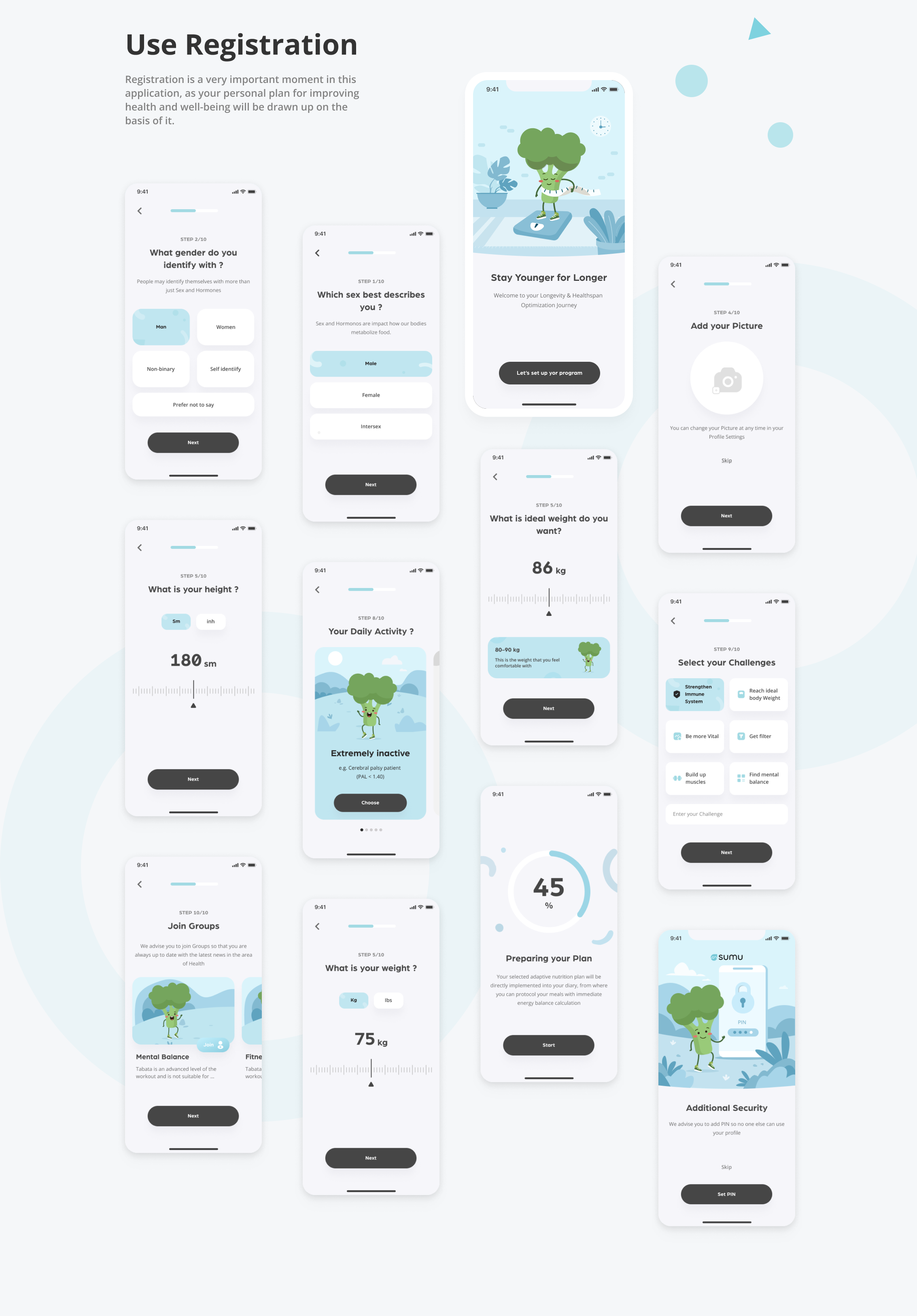 Ten-step registration flow covering gender, height, weight, activity and goals