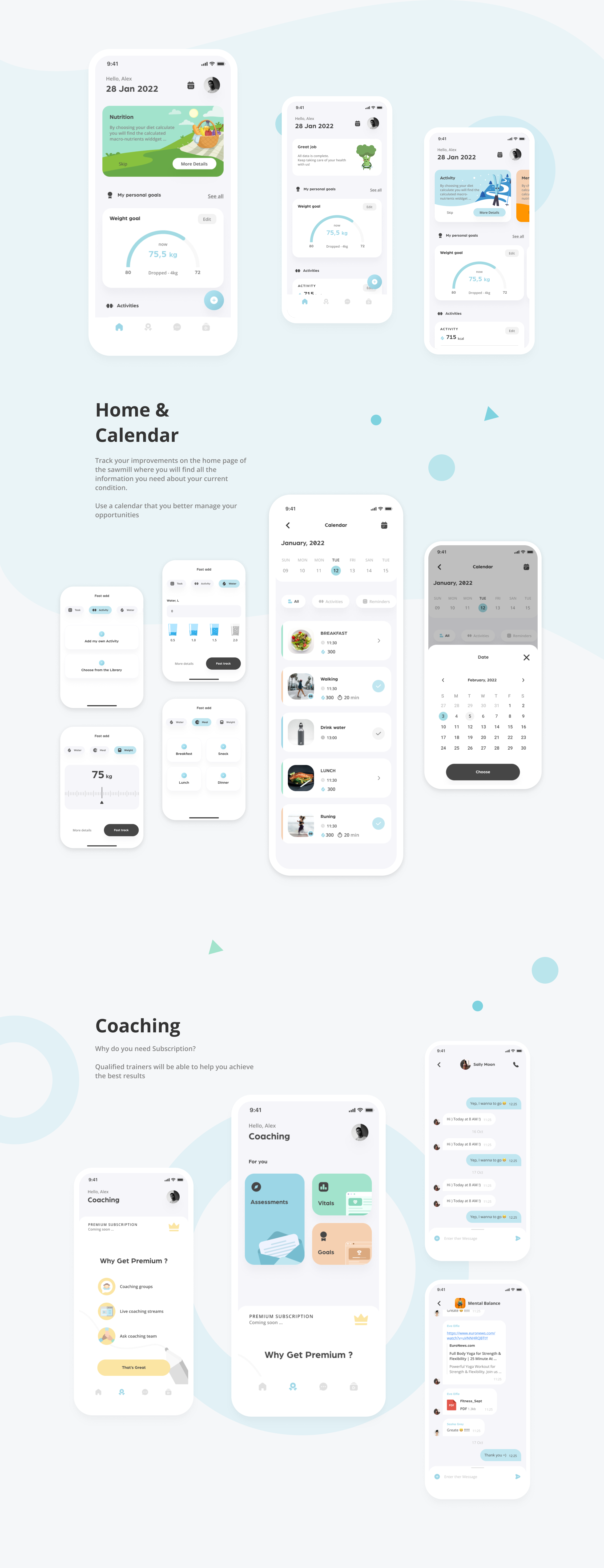 Home dashboards, meal calendar and coaching hub with trainer chat screens
